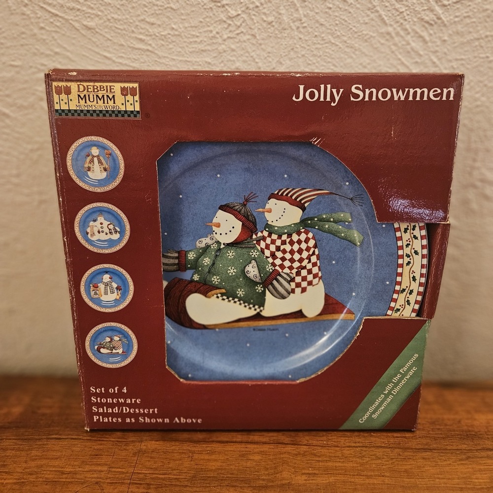 Debbie Mumm Jolly Snowmen Stoneware Salad / Dessert Plates Sakura Set of 4